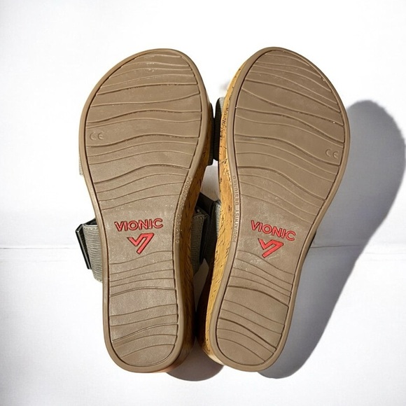 🌻Vionic Gray Pepper Ruched Leather Cork Wedge Slide Sandals Size 7W (wide) - Picture 11 of 11